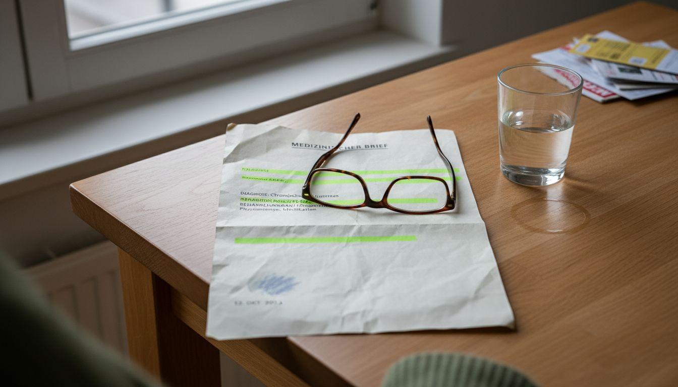 Detailaufnahme eines ärztlichen Befunds mit handschriftlichen Notizen auf einem Tisch