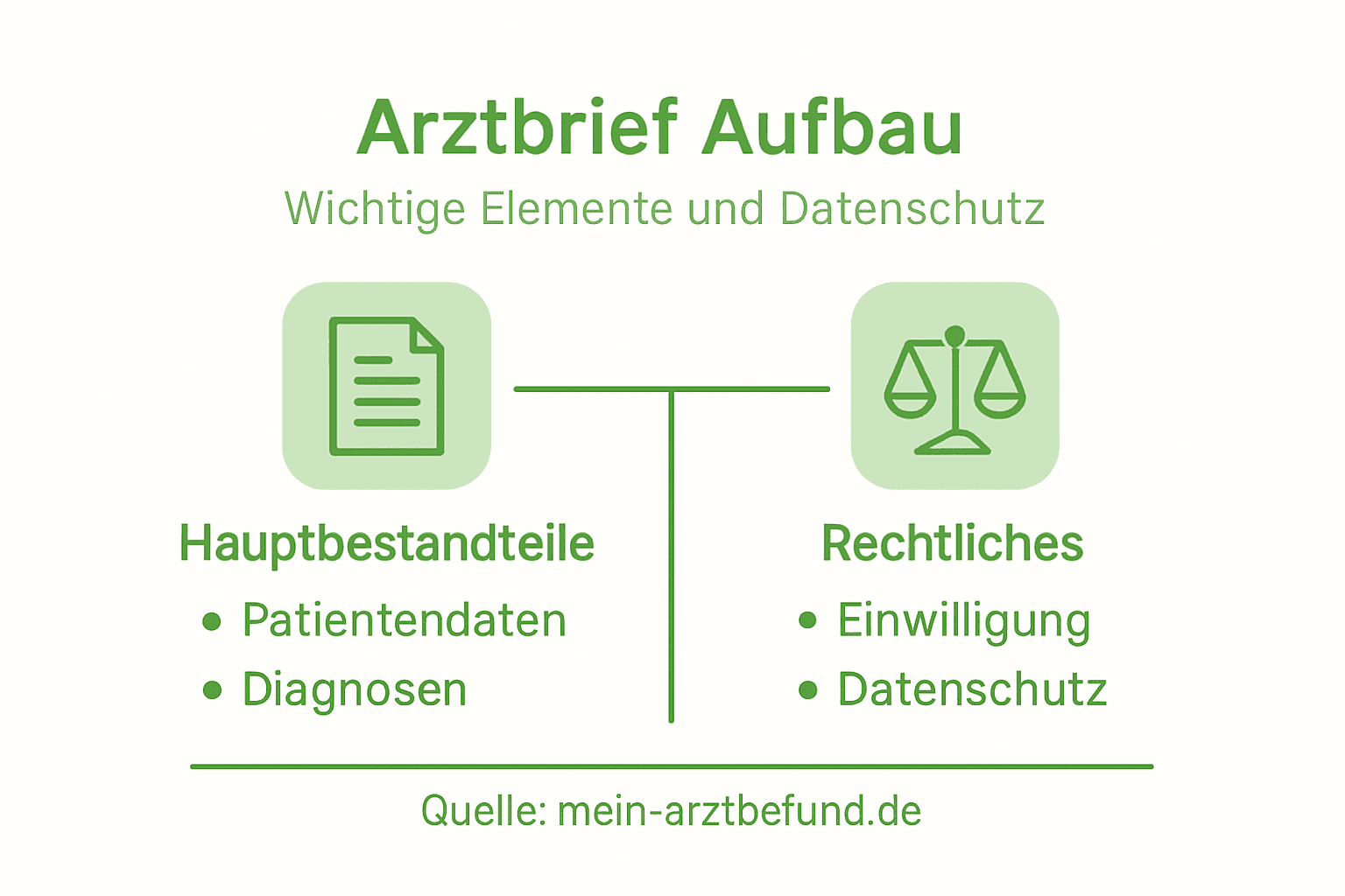 Die Infografik veranschaulicht den Aufbau eines Arztbriefs und gibt einen Überblick über relevante Datenschutzaspekte.