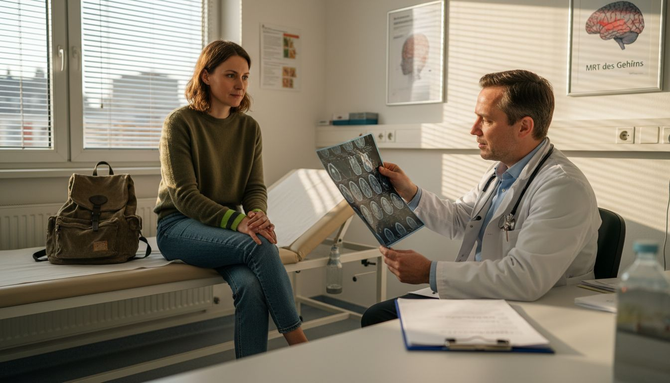 Ein Patient hört aufmerksam zu, während der Arzt ihm den Ablauf der MRT-Untersuchung erklärt.