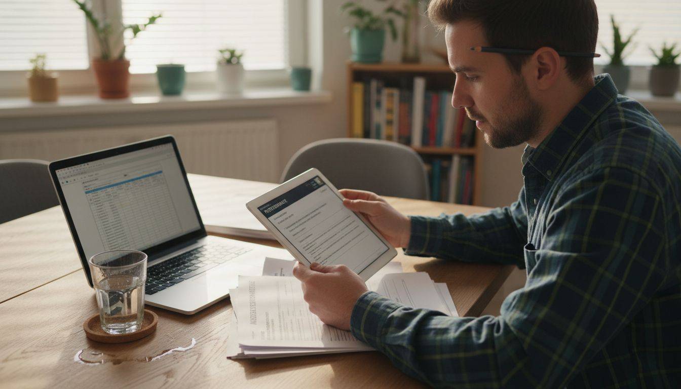 Ein Mann sortiert und ordnet seine medizinischen Unterlagen – sowohl digital am Computer als auch in Papierform.