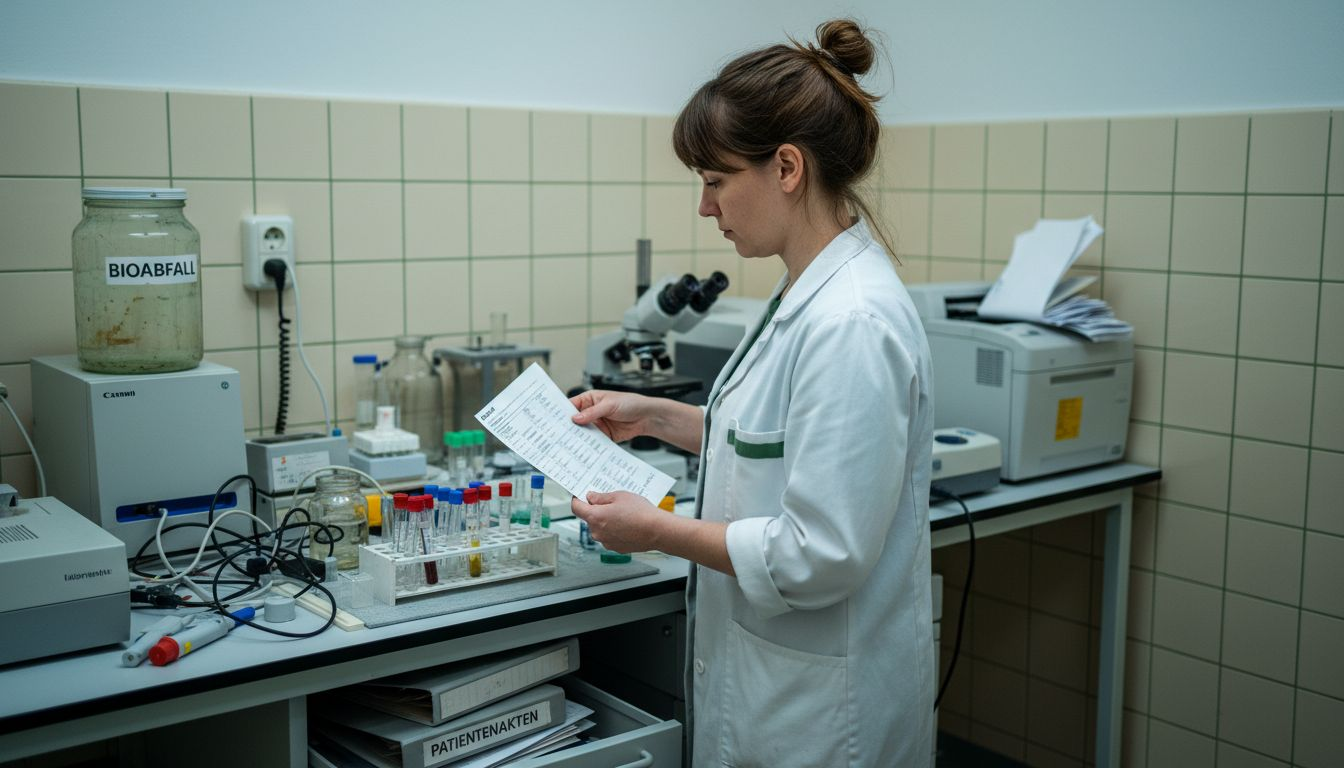 Laborantin mit Untersuchungsergebnissen und Probenmaterial