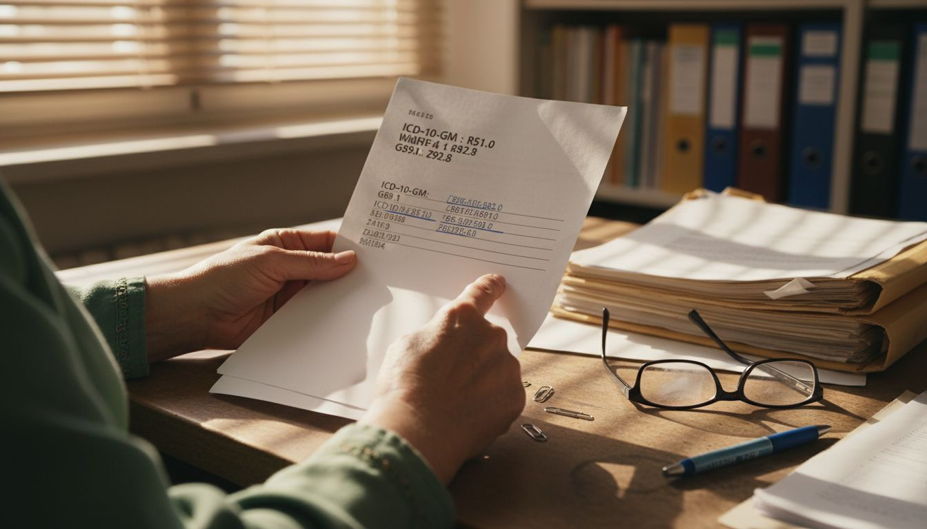 Ein Patient blättert durch einen Arztbrief und prüft die darin aufgeführten Diagnoseschlüssel.