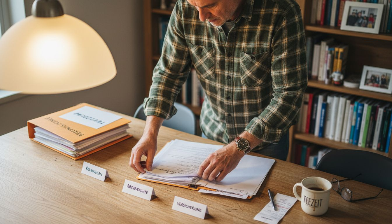 Ein Mann sitzt am Wohnzimmertisch und bringt seine Unterlagen in Ordnung.
