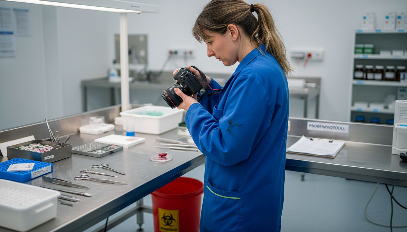 Ein Labormitarbeiter hält die einzelnen Schritte bei der Vorbereitung von Gewebeproben sorgfältig fest.