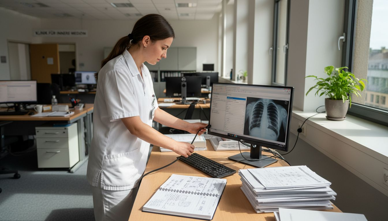 Eine medizinische Fachangestellte überprüft digitale Patientenakten am Bildschirm.