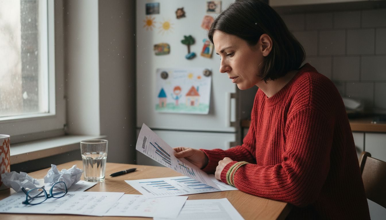 Am Küchentisch studiert eine Frau aufmerksam ihre neuesten Blutwerte.