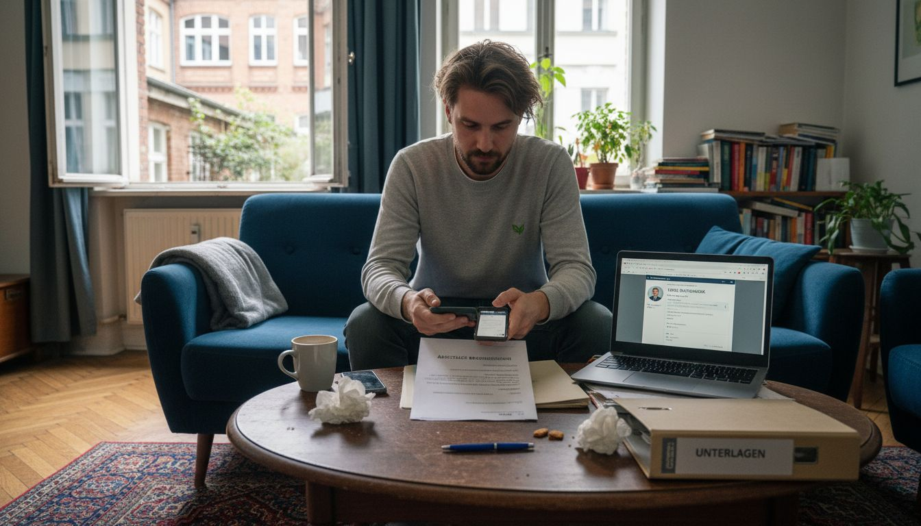 Ein Mann scannt seinen Befund gemütlich im Wohnzimmer mit dem Smartphone ein.