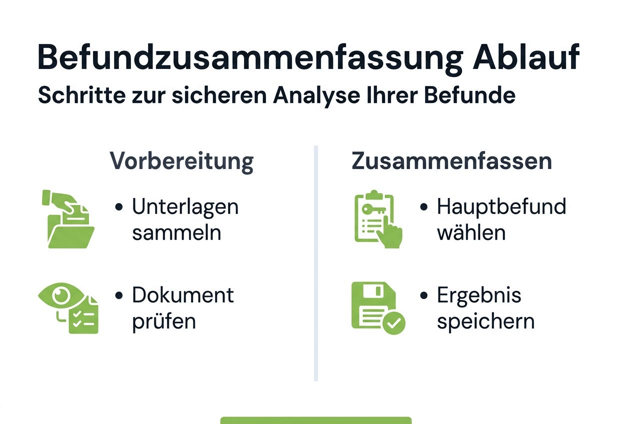 Diese Infografik veranschaulicht die einzelnen Schritte bei der Erstellung einer Befundzusammenfassung.