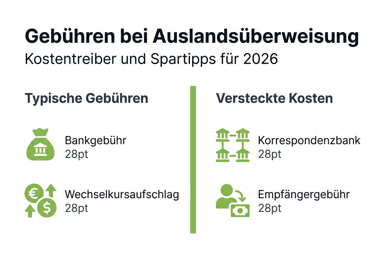 Übersichtliche Grafik mit konkreten Beispielen für Gebühren bei internationalen Geldtransfers