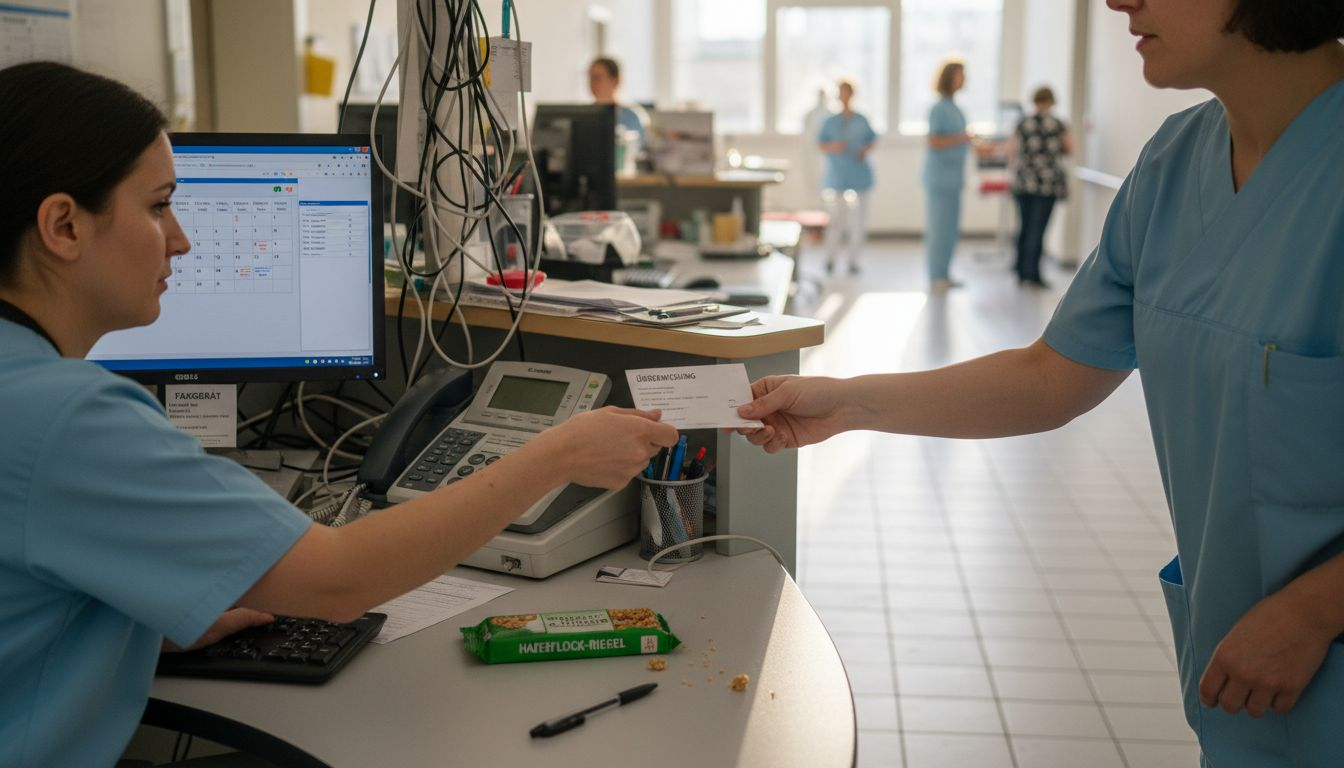 Eine Pflegekraft übergibt am Stationsarbeitsplatz die Patientendaten digital an die nächste Schicht.