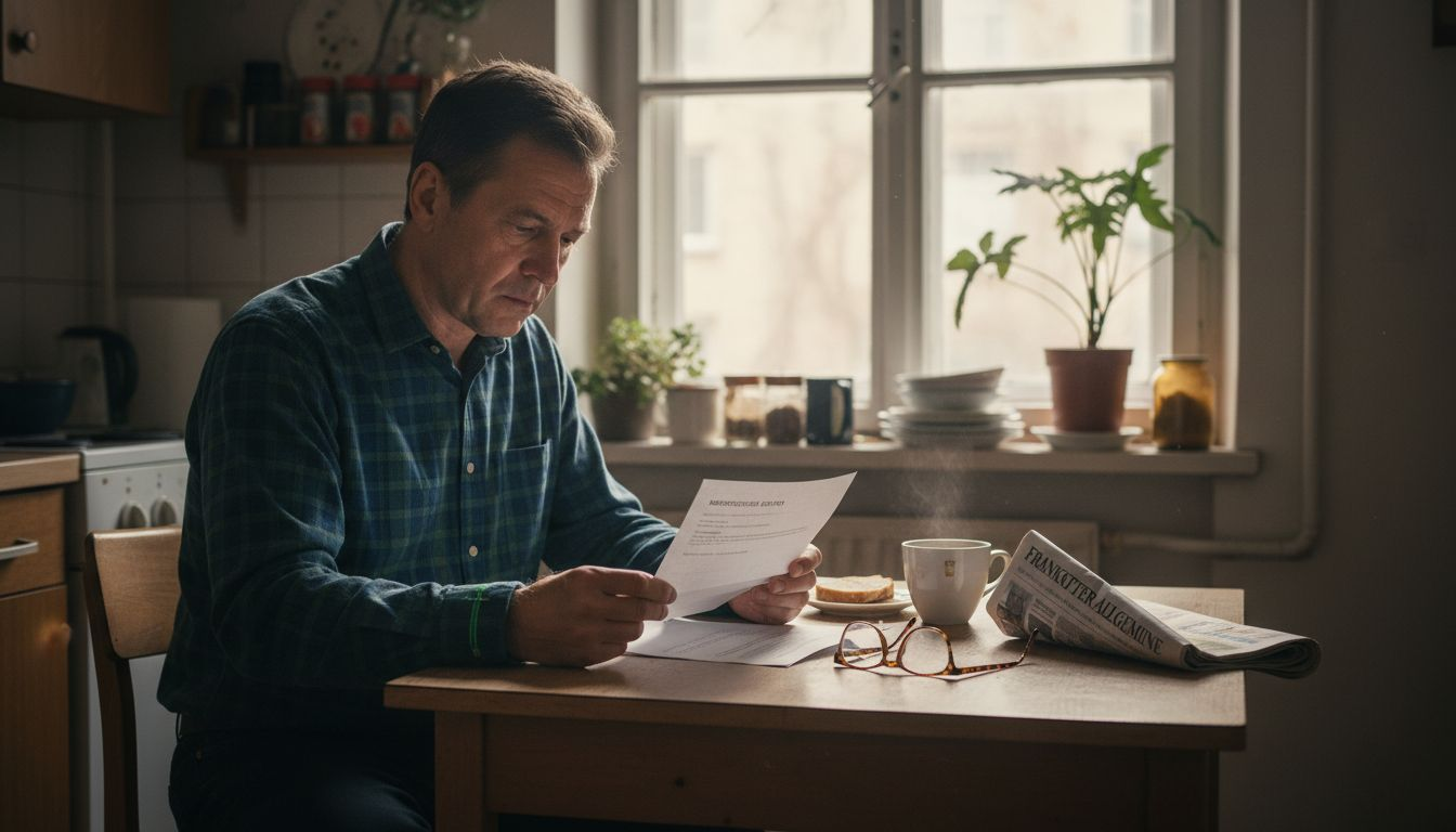Ein Mann sitzt am Küchentisch und liest aufmerksam einen Brief von seinem Arzt.