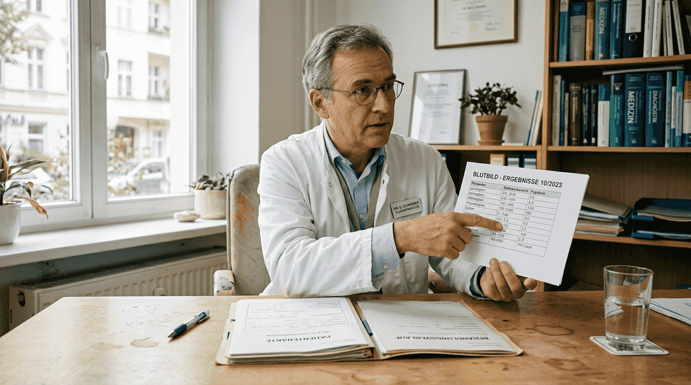 Der Arzt nimmt sich Zeit und erklärt seinem Patienten am Schreibtisch ausführlich die Ergebnisse des Blutbilds.