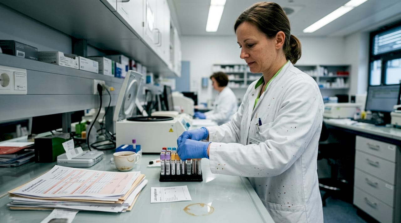 Ein Labortechniker untersucht Blutproben im Krankenhauslabor.