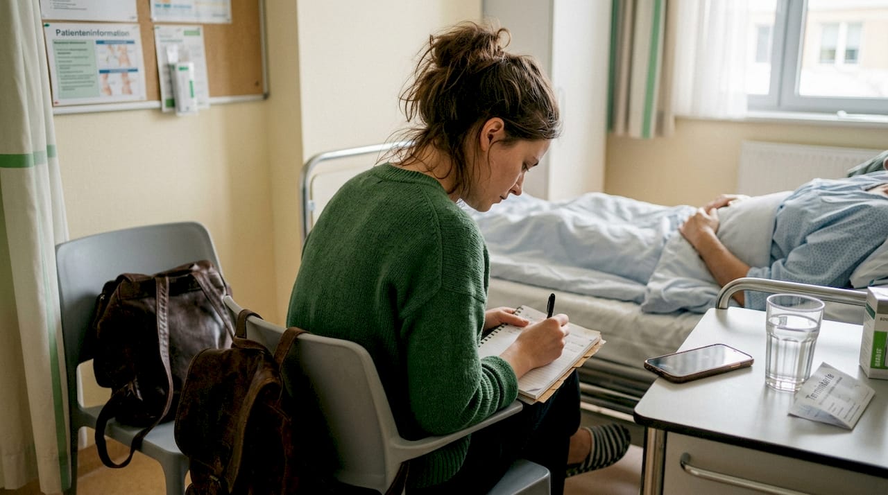 Eine Frau macht sich Notizen im Krankenzimmer.