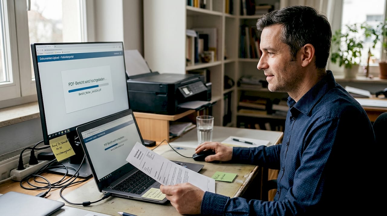 Ein Mann sitzt am Schreibtisch und lädt ein Dokument in ein digitales System hoch.