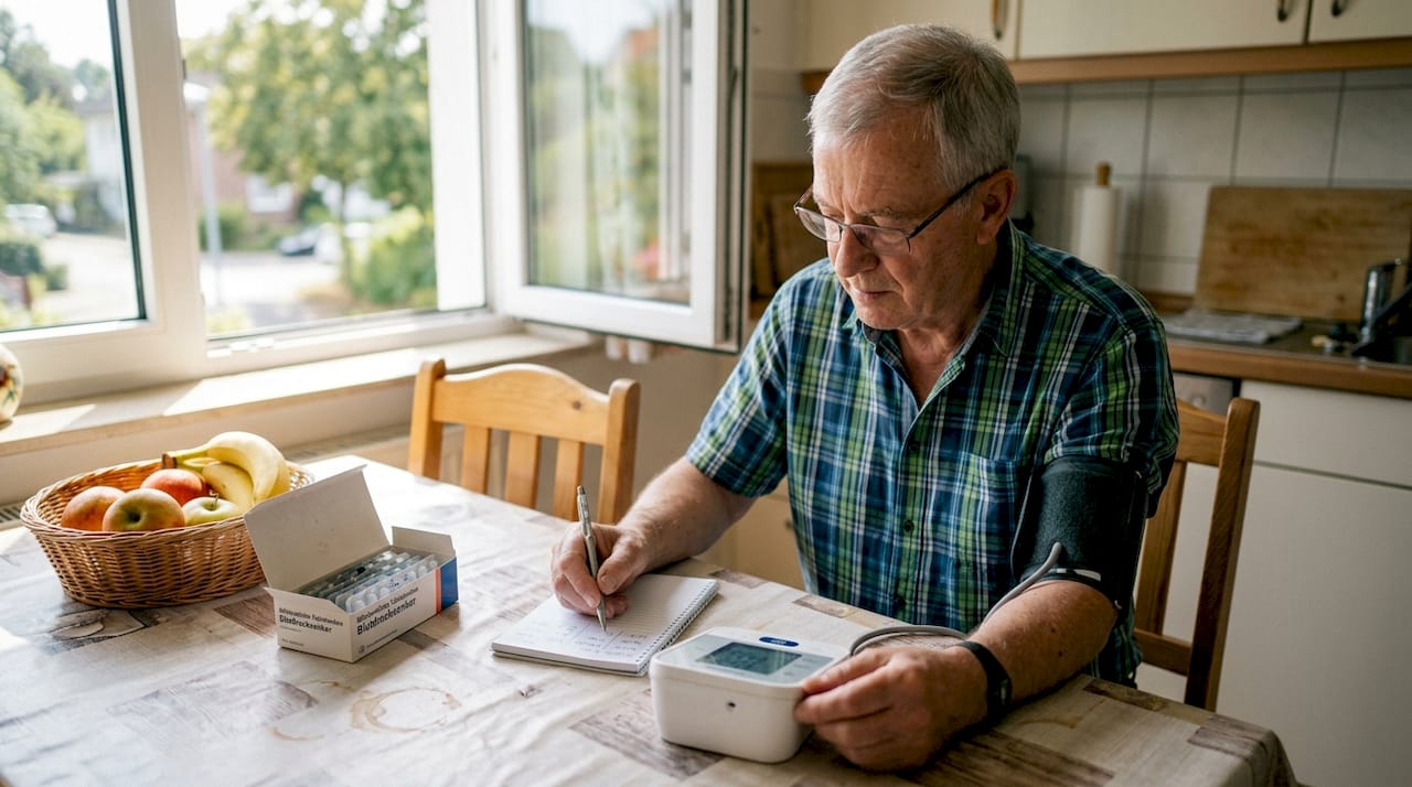 Ein Mann misst am Küchentisch seinen Blutdruck.