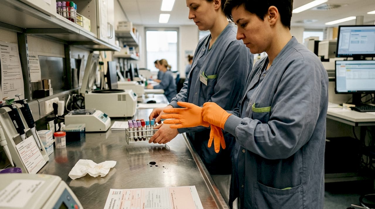 Im Labor analysieren Fachkräfte regelmäßig Blutproben.