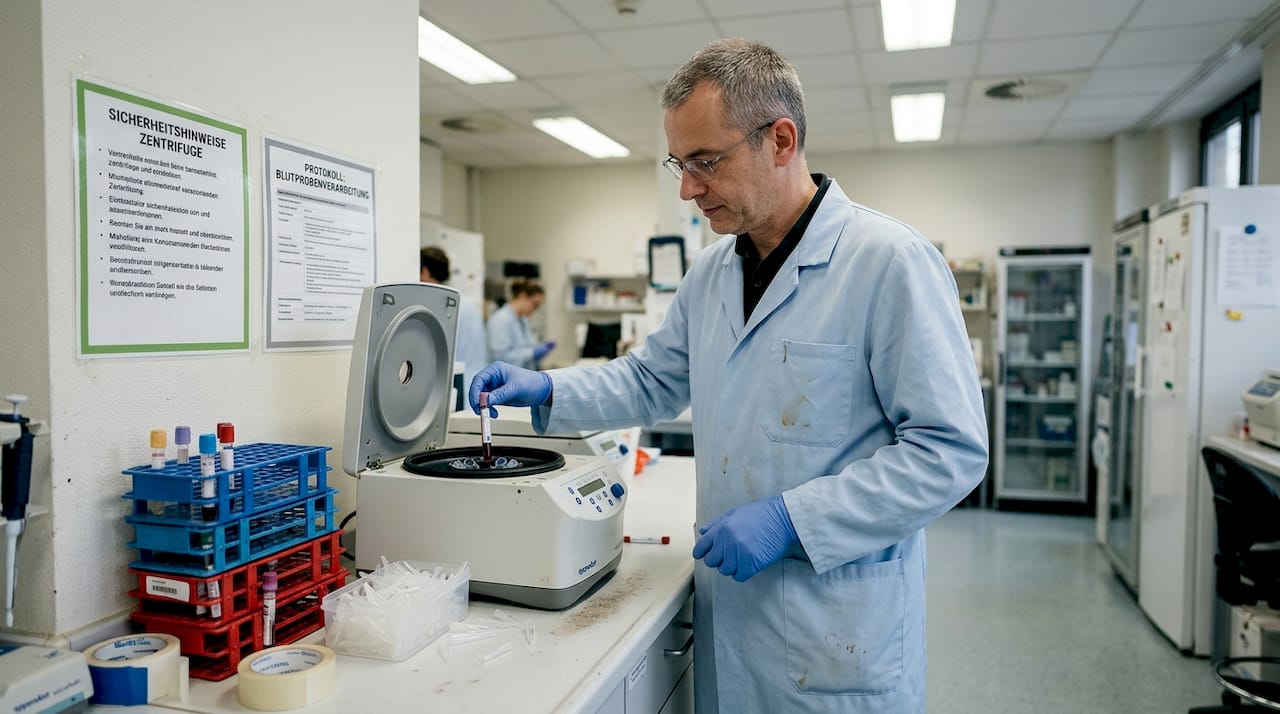 Ein Labormitarbeiter untersucht eine Blutprobe im Reagenzglas.