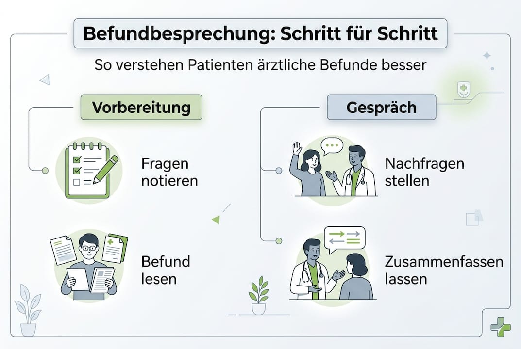 Die Infografik veranschaulicht anschaulich die einzelnen Schritte einer Befundbesprechung.