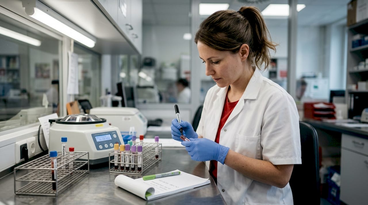 Eine Labortechnikerin kennzeichnet eine Blutprobe zur weiteren Untersuchung.