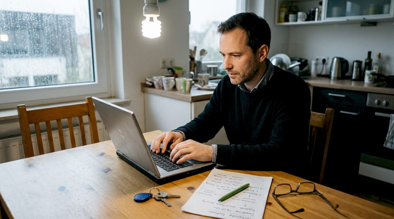 Ein Mann arbeitet am Laptop, während neben ihm Akten und ein Schlüssel liegen.