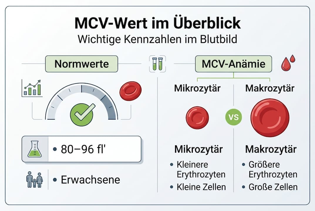 Die Infografik gibt einen Überblick über die MCV-Referenzwerte und stellt verschiedene Formen der Anämie anschaulich dar.