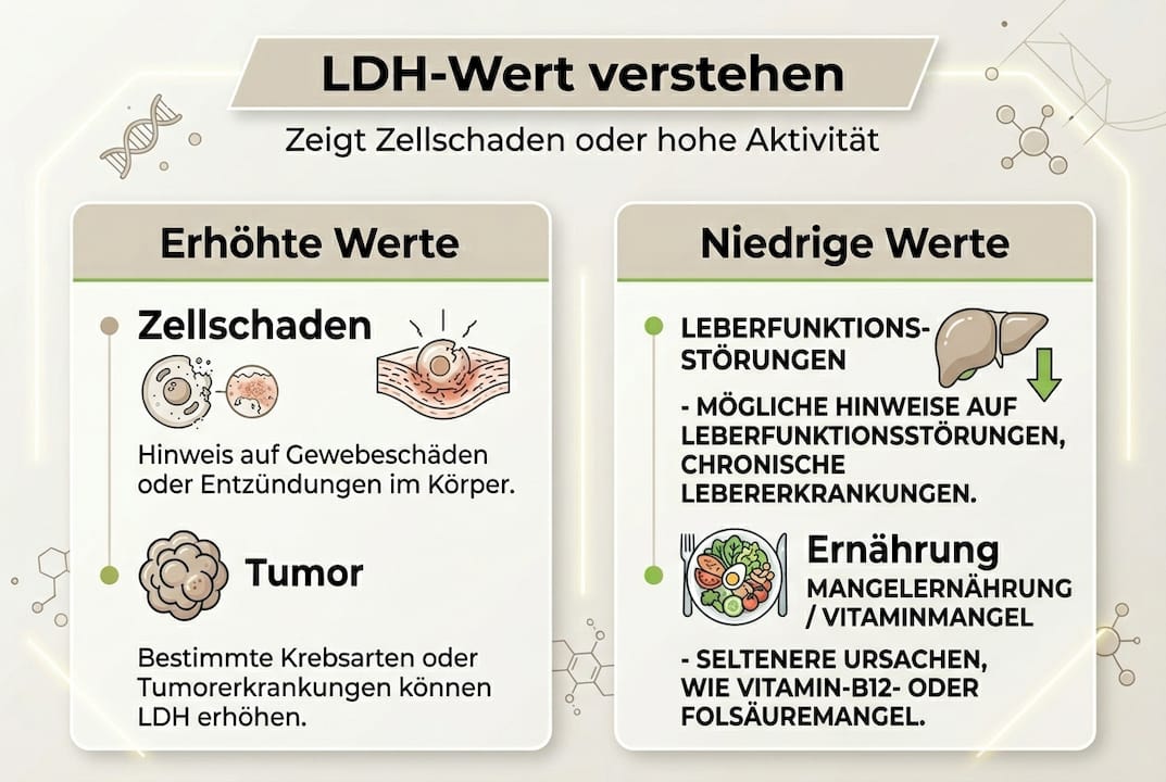 Infografik: Übersicht der Ursachen für erhöhte LDH-Werte bei Zellschädigungen