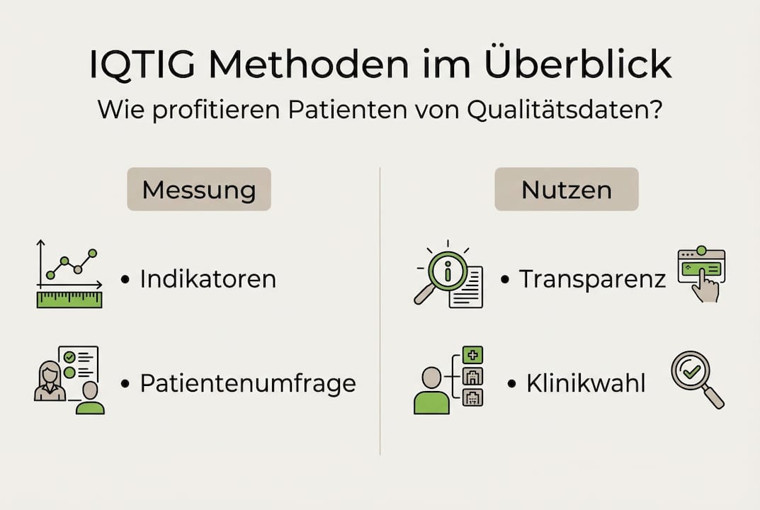 Übersichtliche Infografik: Methoden des IQTIG und ihr Nutzen für Patientinnen und Patienten