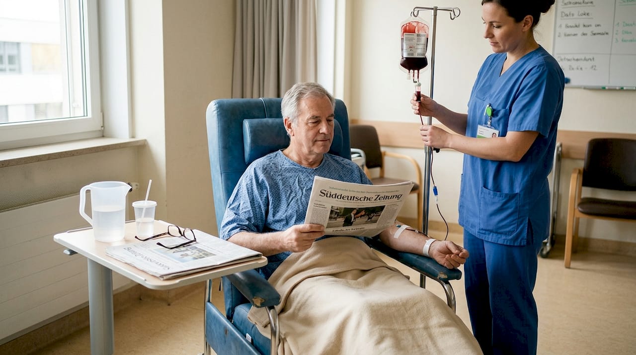 Ein Patient erhält im Krankenhaus eine Bluttransfusion.