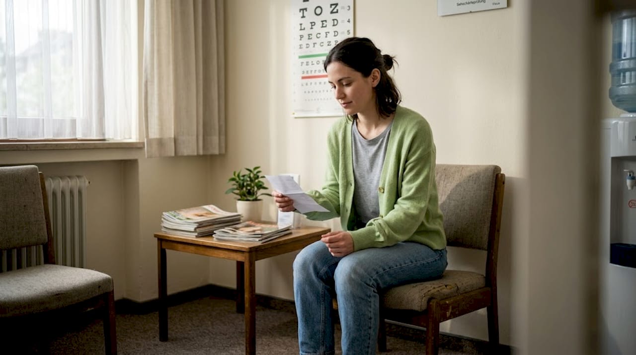 Ein Patient sitzt mit seinem Terminzettel im Wartebereich der Augenklinik.