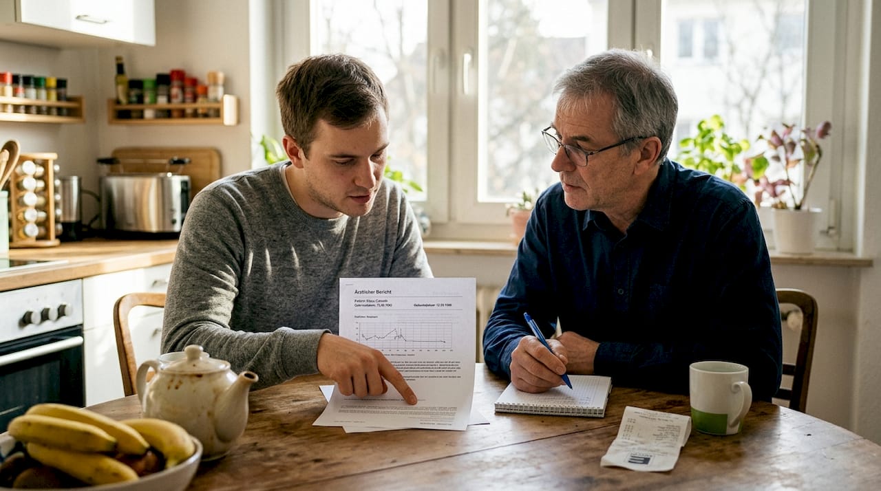 Ein Sohn nimmt sich Zeit, um gemeinsam mit seinem Vater den Arztbericht durchzugehen und ihm alles in Ruhe zu erklären.