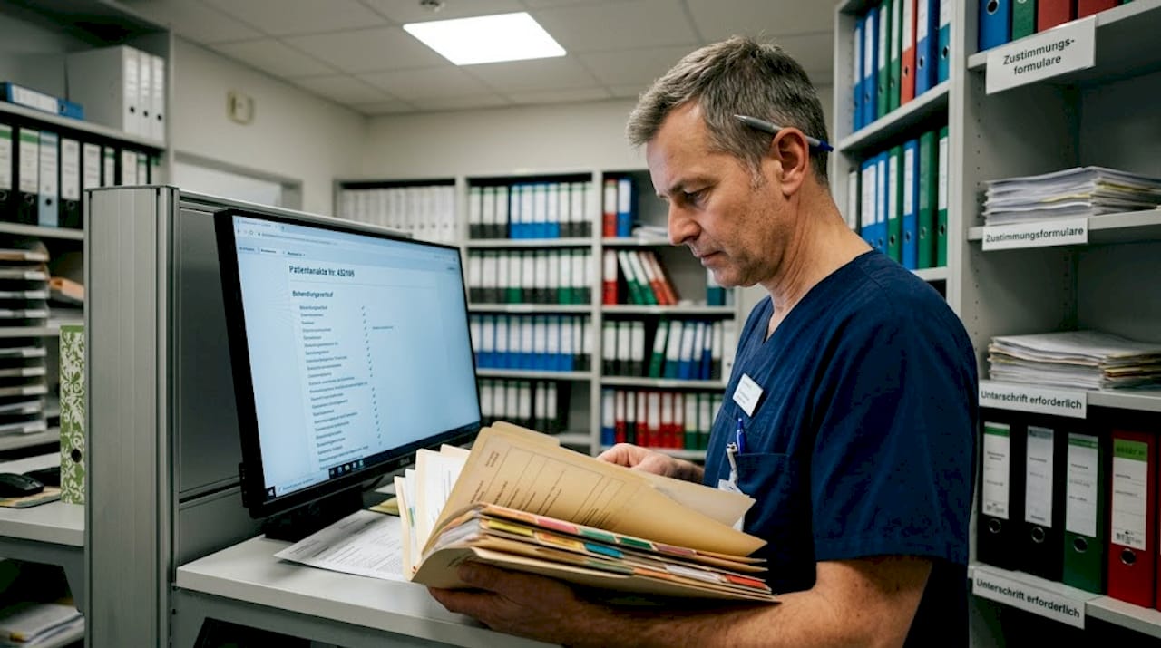 Der Arzt gleicht die Patientenakten sowohl in Papierform als auch digital sorgfältig miteinander ab.