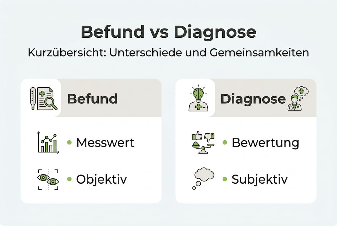 Die Infografik veranschaulicht den Unterschied zwischen Befund und Diagnose.