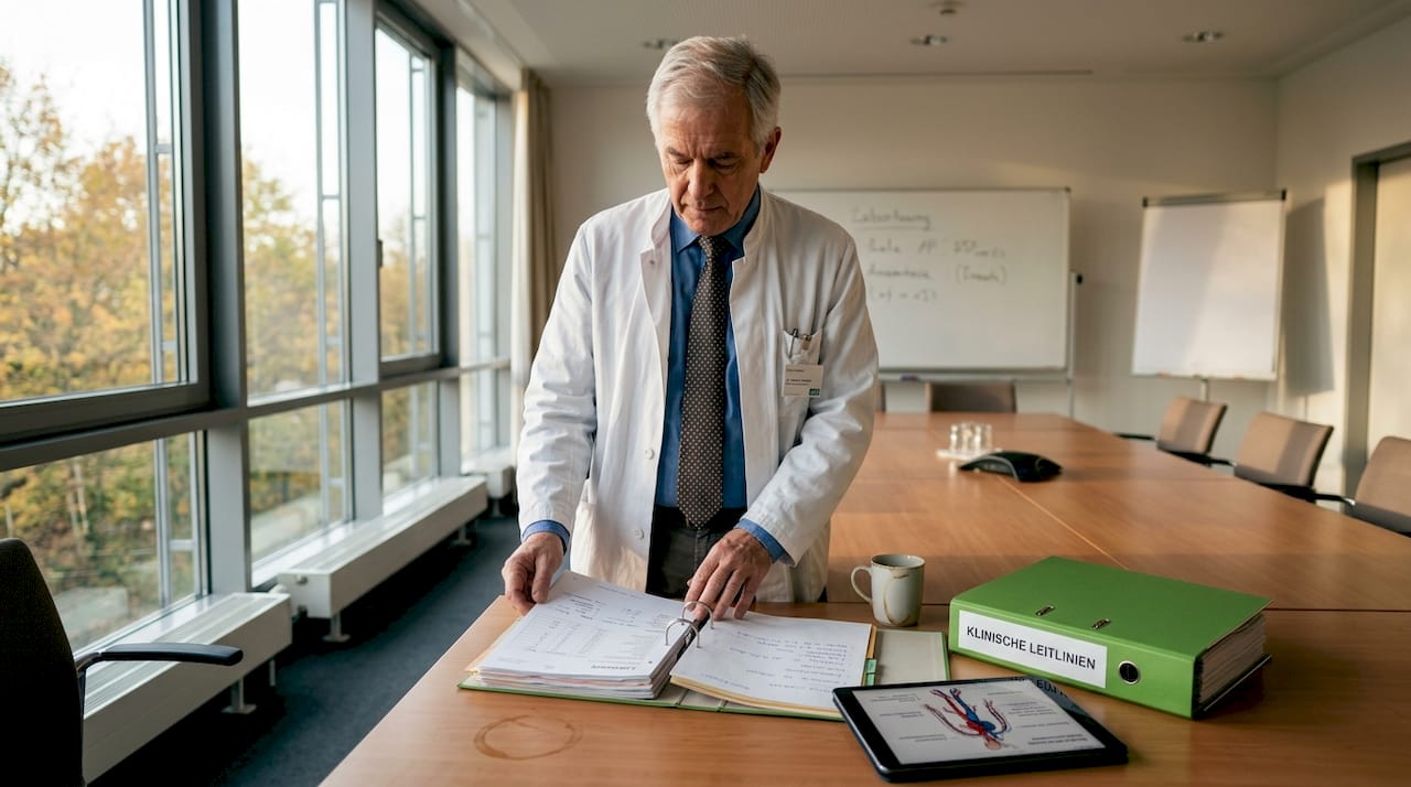Ein Arzt überprüft im Krankenhaus den Ablauf der Diagnosestellung, um sicherzustellen, dass alle Schritte korrekt ausgeführt werden.