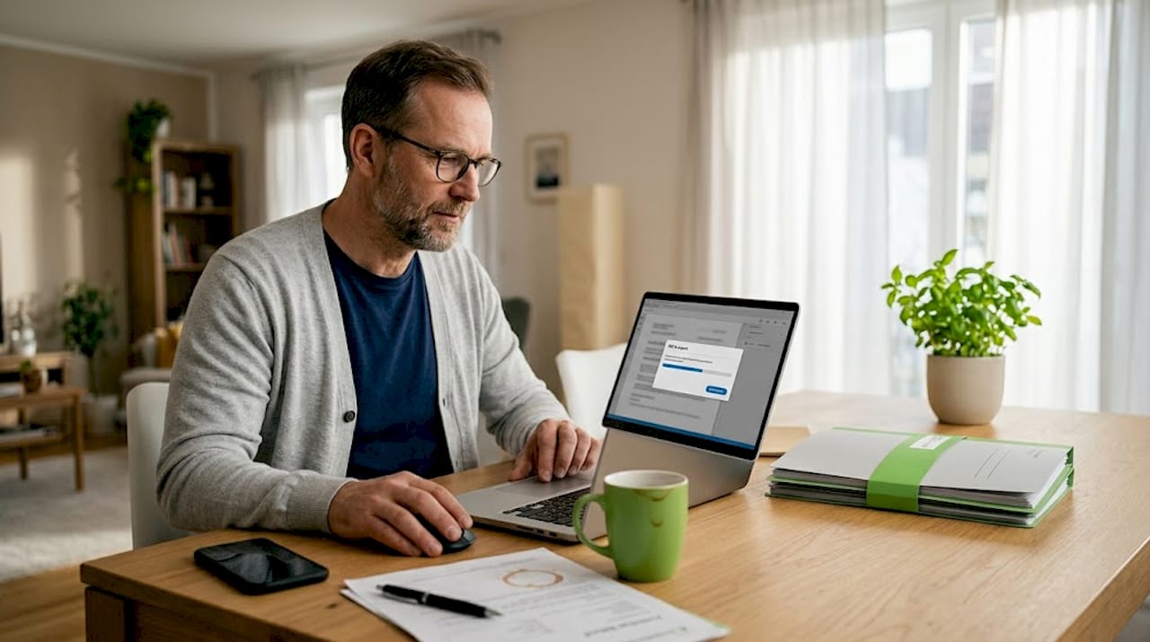 Ein Mann speichert einen medizinischen Bericht am Laptop als PDF-Datei.