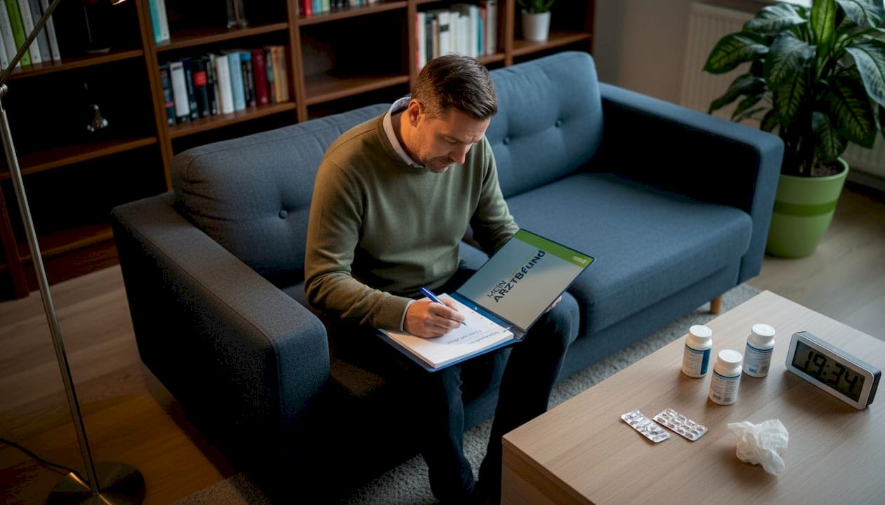 Ein Mann sitzt nach dem Arztbesuch auf dem Sofa und macht sich Notizen.