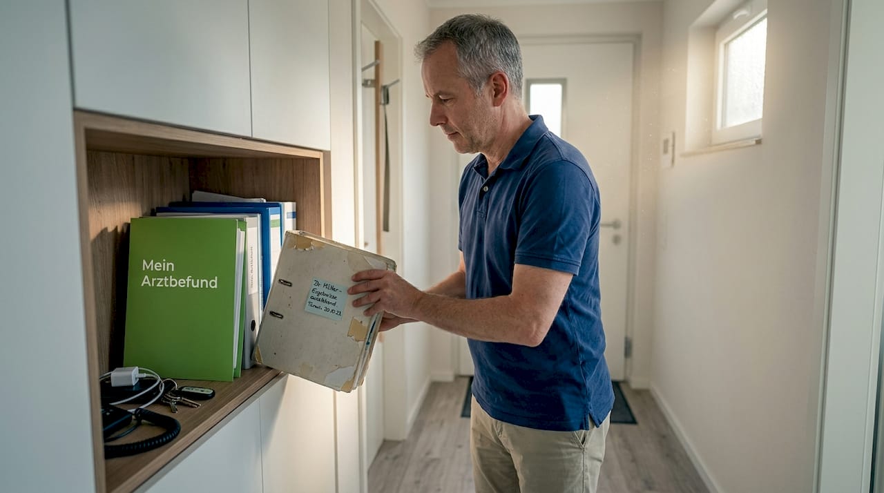 Ein Mann legt seinen medizinischen Ordner in den Flurschrank.