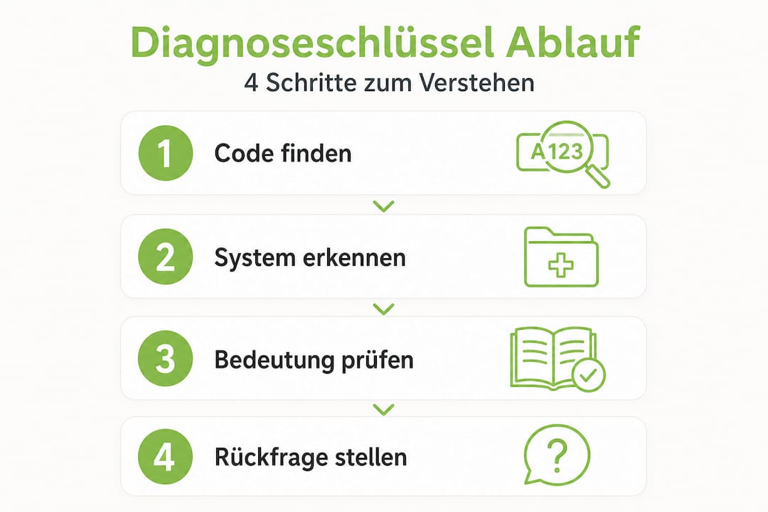 Schritt-für-Schritt-Infografik: So gelangen Sie in vier Etappen zum richtigen Diagnoseschlüssel