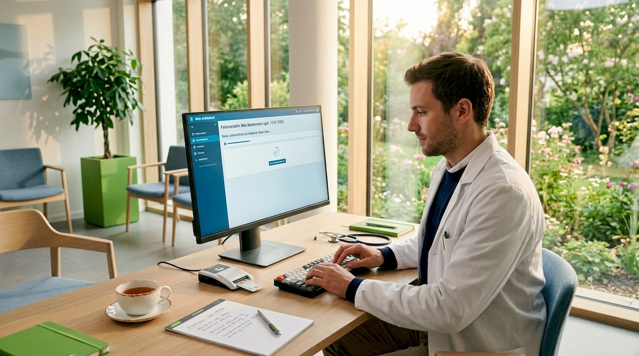 Der Arzt bestätigt seine Zugriffsberechtigung auf die Patientenakten.