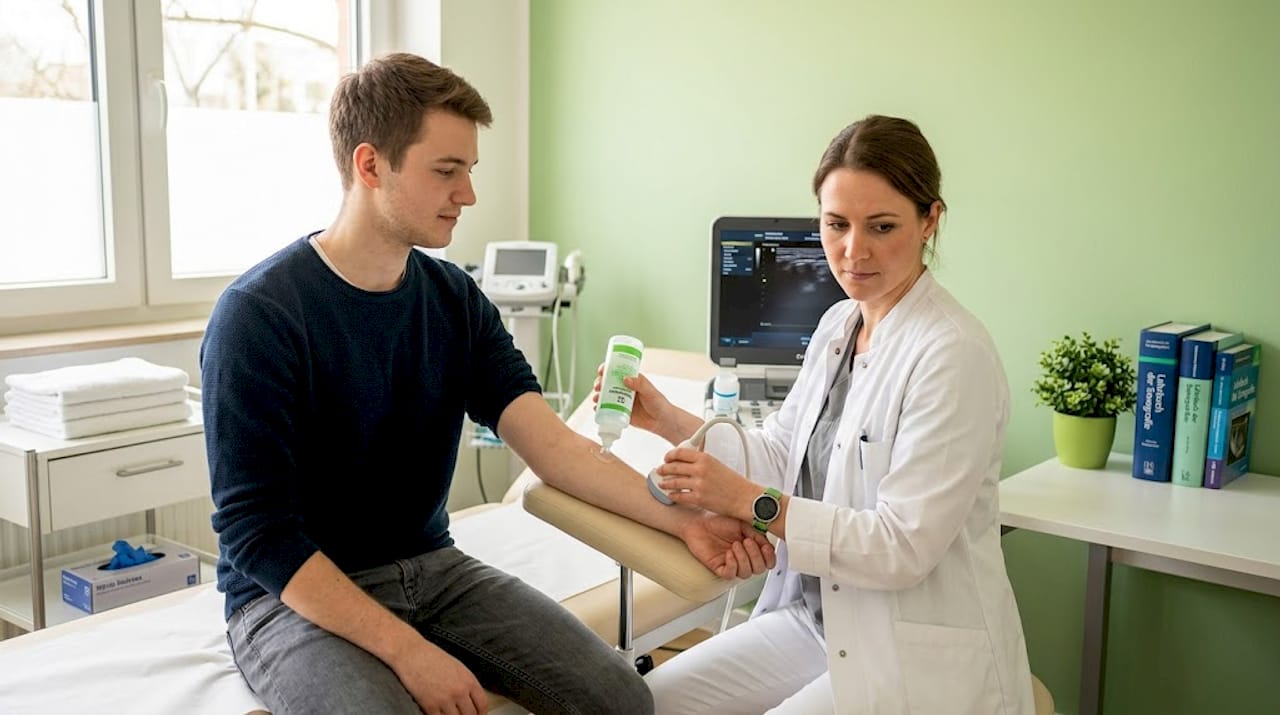 Patientin und medizinische Fachkraft während einer Ultraschalluntersuchung