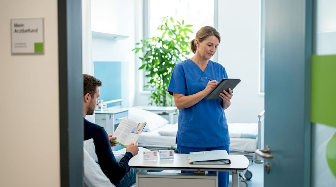 Ein Pfleger trägt Patientendaten am Computer ein und aktualisiert sie.