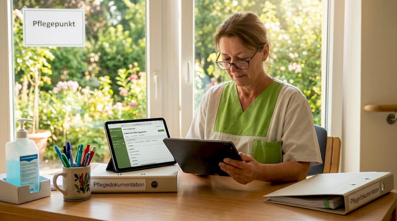 Eine Pflegefachkraft überprüft am Tablet die von der KI generierten Warnmeldungen.