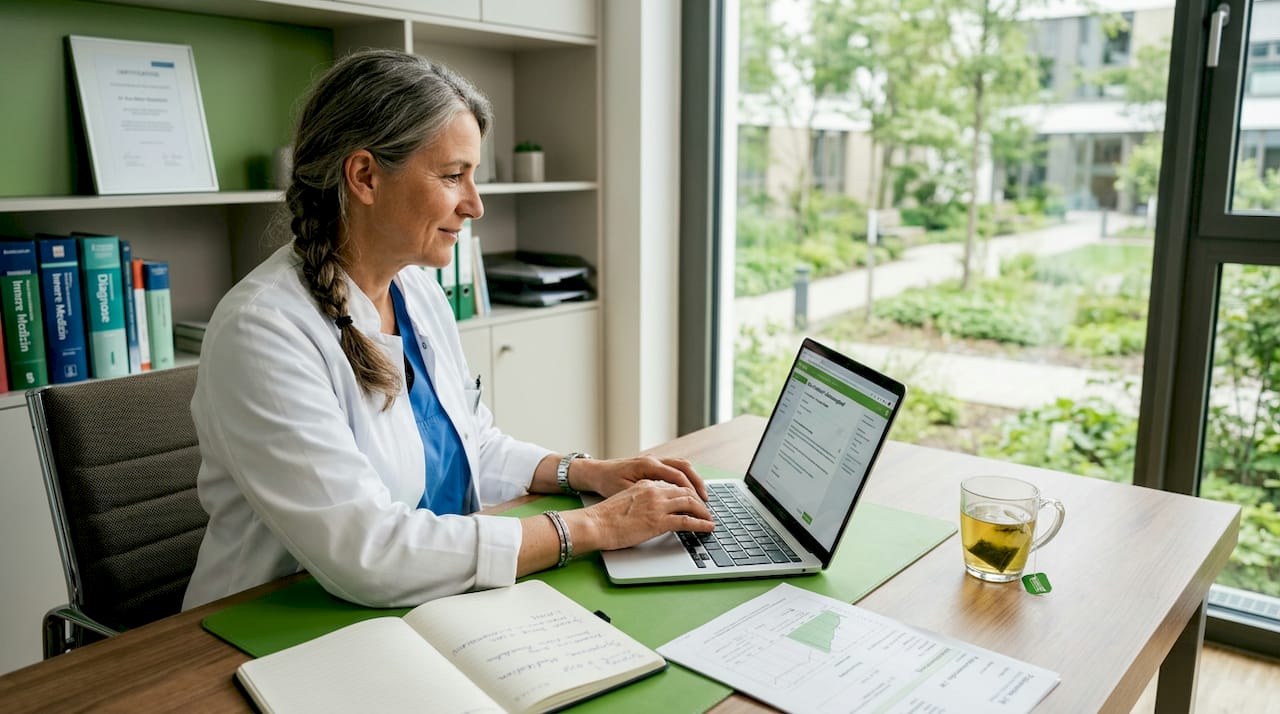 Eine Ärztin verfasst im Büro den Entlassungsbrief für einen Patienten am Computer.