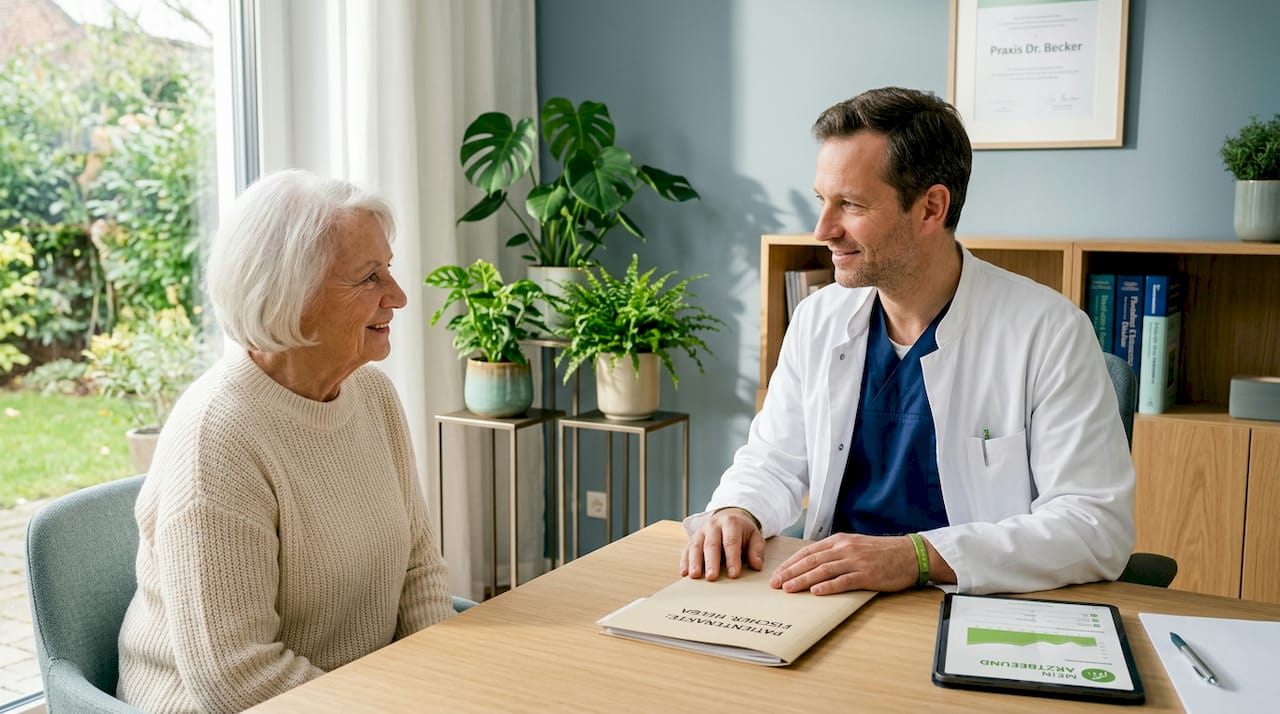 Ein Arzt hört seinem Patienten während des Gesprächs aufmerksam zu.