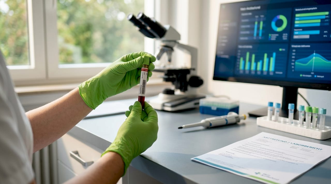 Eine Hand hält eine Blutprobe am Arbeitsplatz im Labor.
