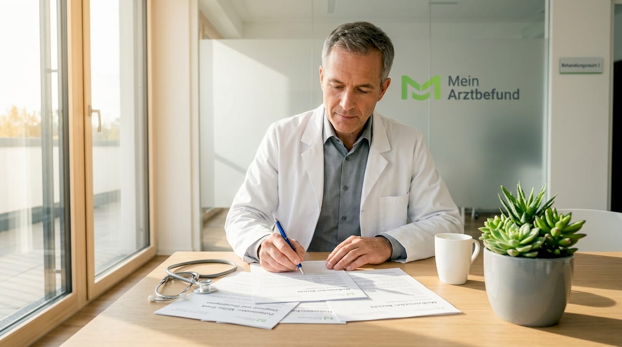 Ein Arzt prüft Patientenakten in seinem Sprechzimmer.