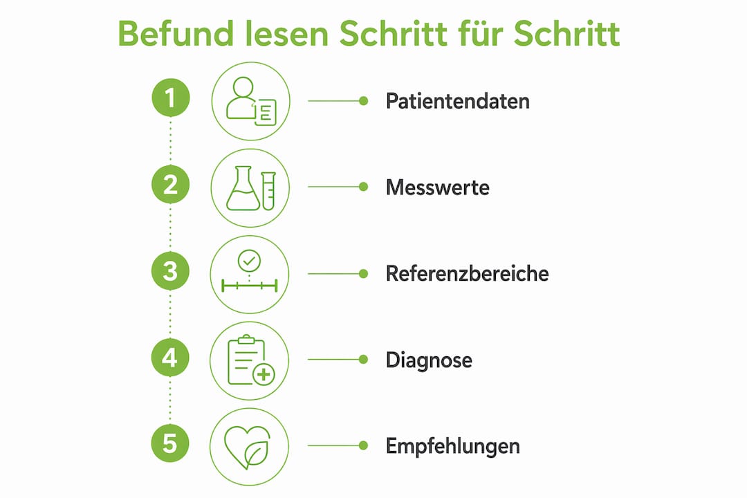 Grafik mit einer anschaulichen Übersicht zum systematischen Befundlesen – Schritt für Schritt erklärt.