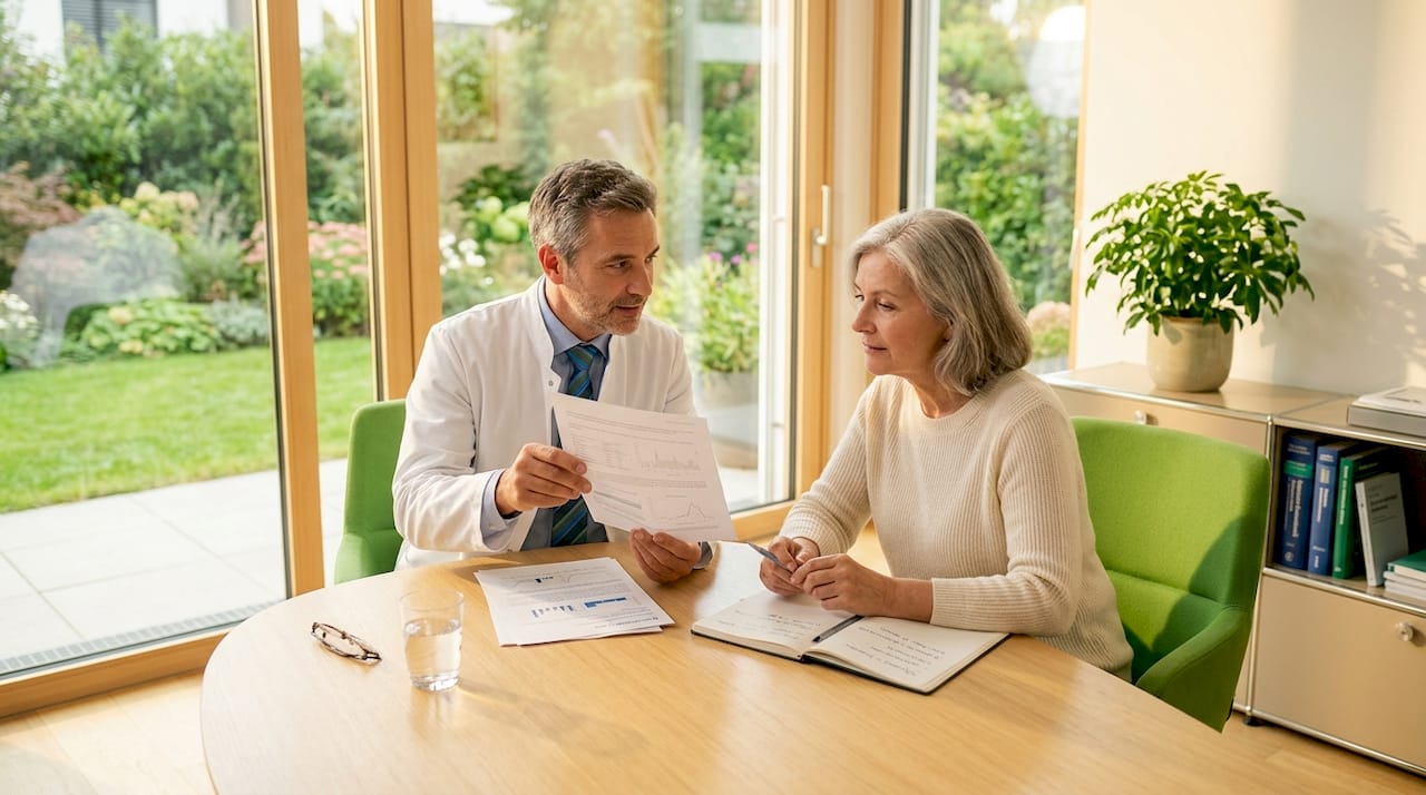 Im Gespräch nimmt sich der Arzt Zeit für seinen Patienten und klärt ihn ausführlich über gesundheitliche Themen auf.