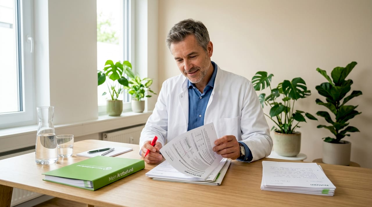 Ein Arzt sitzt in seinem Sprechzimmer und geht aufmerksam die Patientenakten durch.