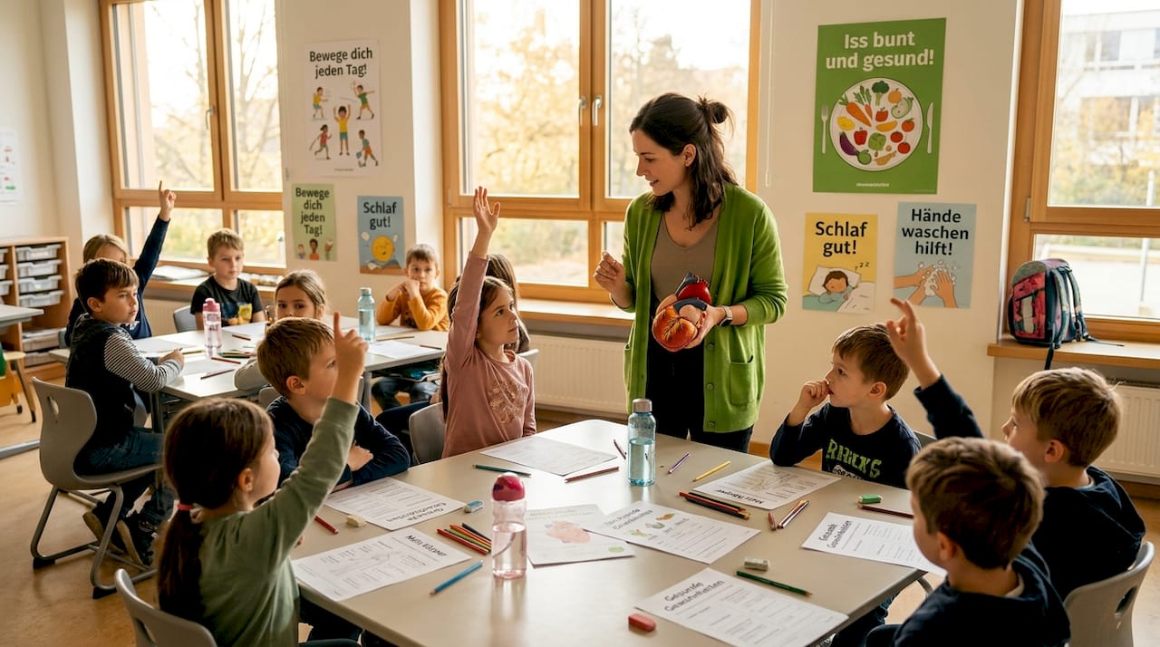 Eine Lehrerin vermittelt Grundschulkindern wichtige Gesundheitsthemen im Unterricht.